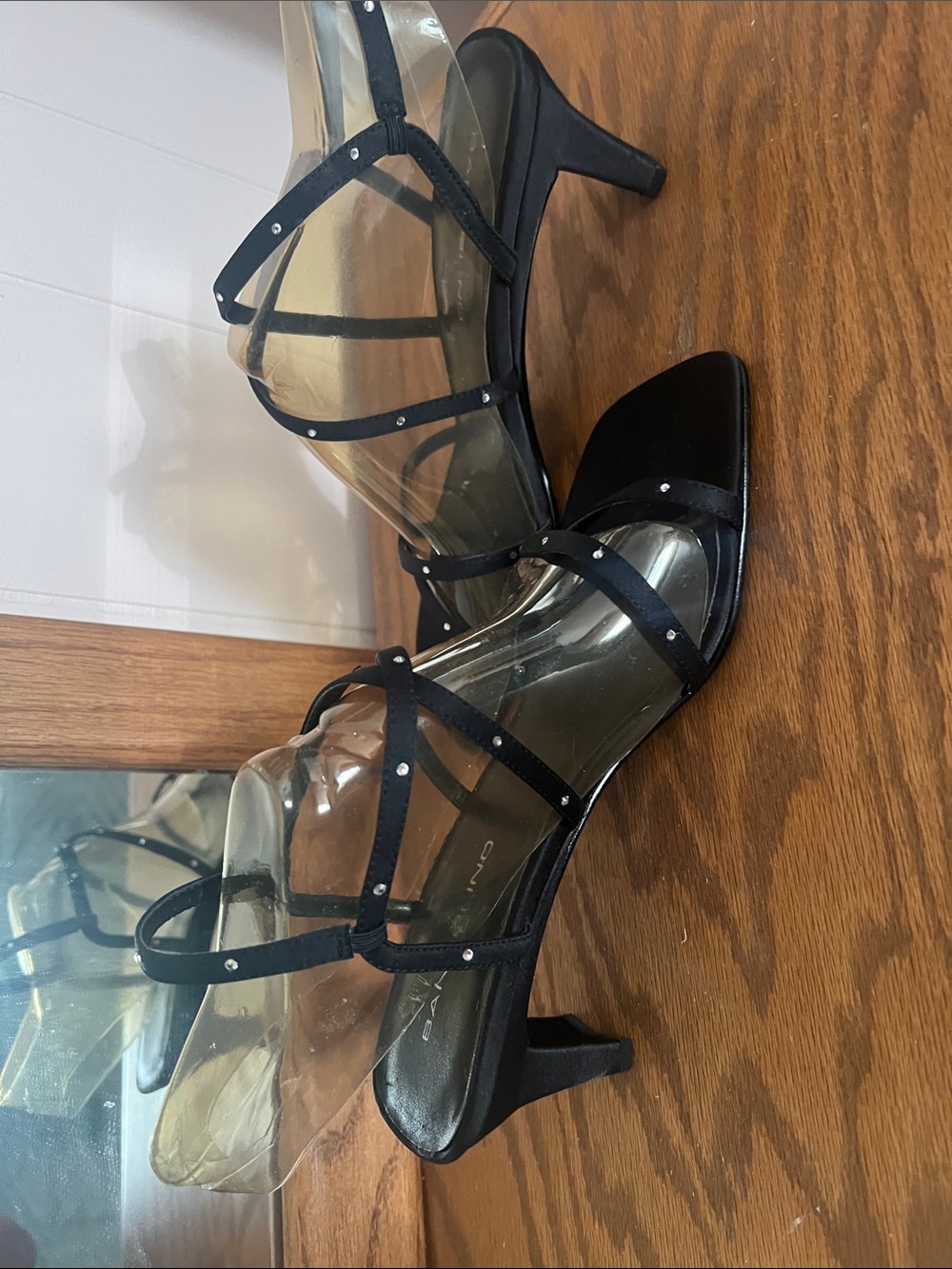 Bandolino Black Strappy Rhinestone Mid Heel Sandals